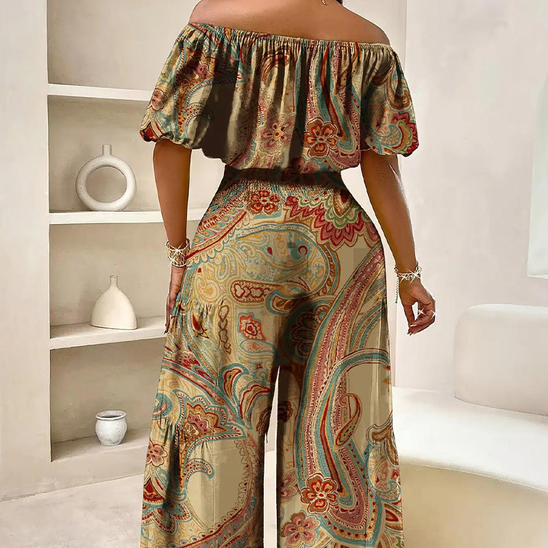 🌸 LIMITED-TIME 50% OFF! 👗 Printed Off-Shoulder 2-Piece Set – Puff Sleeve Top & High-Waist Pants 🌺