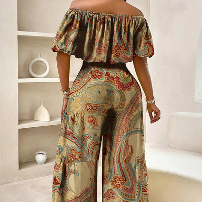 🌸 LIMITED-TIME 50% OFF! 👗 Printed Off-Shoulder 2-Piece Set – Puff Sleeve Top & High-Waist Pants 🌺