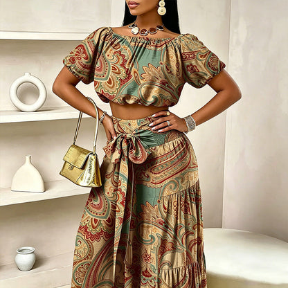 🌸 LIMITED-TIME 50% OFF! 👗 Printed Off-Shoulder 2-Piece Set – Puff Sleeve Top & High-Waist Pants 🌺
