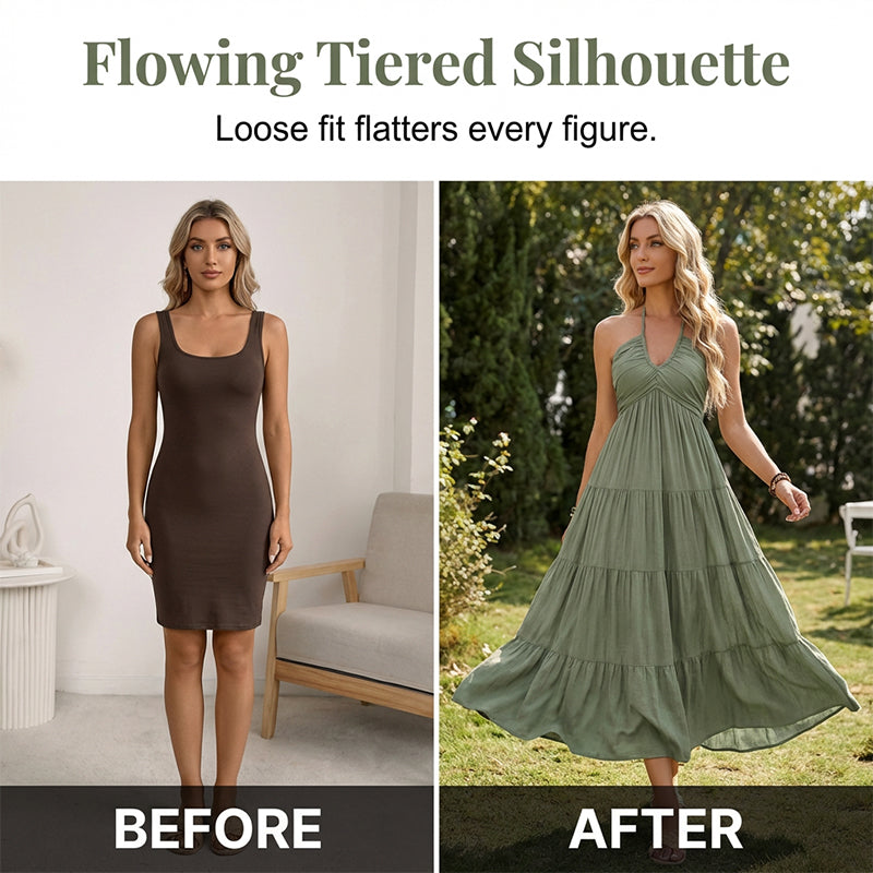 👗 50% OFF NOW! 🌴 Women's Halter Neck Backless Maxi Dress – Tiered, Flowy, Resort Style 🌺
