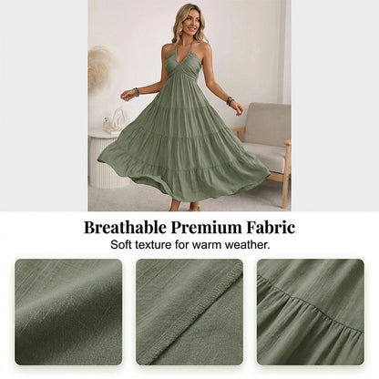 👗 50% OFF NOW! 🌴 Women's Halter Neck Backless Maxi Dress – Tiered, Flowy, Resort Style 🌺