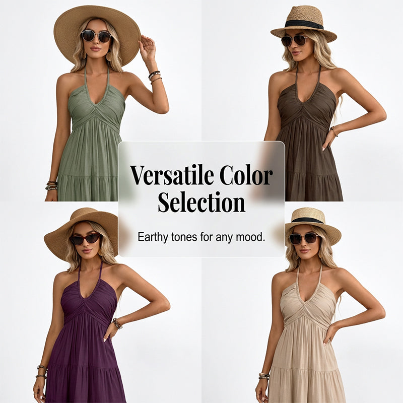 👗 50% OFF NOW! 🌴 Women's Halter Neck Backless Maxi Dress – Tiered, Flowy, Resort Style 🌺