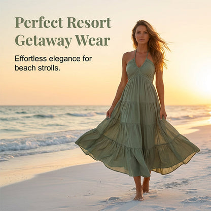 👗 50% OFF NOW! 🌴 Women's Halter Neck Backless Maxi Dress – Tiered, Flowy, Resort Style 🌺