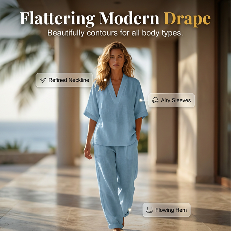 🎉 LIMITED TIME 50% OFF! 👚 Women's Casual V-Neck Top & Wide-Leg Trousers Set – Soft & Breathable for Summer, Work or Resort 🌸