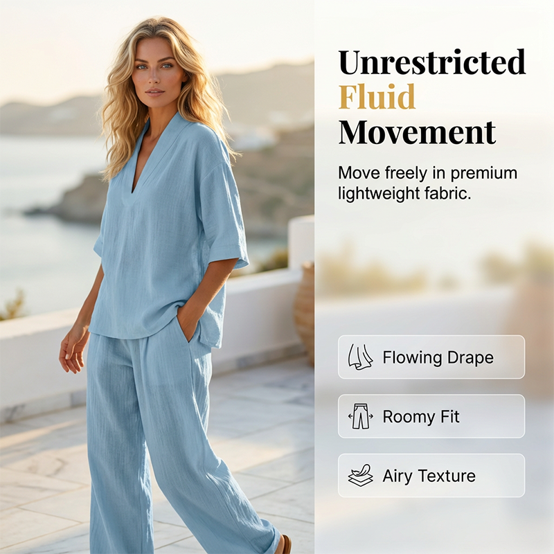🎉 LIMITED TIME 50% OFF! 👚 Women's Casual V-Neck Top & Wide-Leg Trousers Set – Soft & Breathable for Summer, Work or Resort 🌸