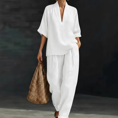 🎉 LIMITED TIME 50% OFF! 👚 Women's Casual V-Neck Top & Wide-Leg Trousers Set – Soft & Breathable for Summer, Work or Resort 🌸