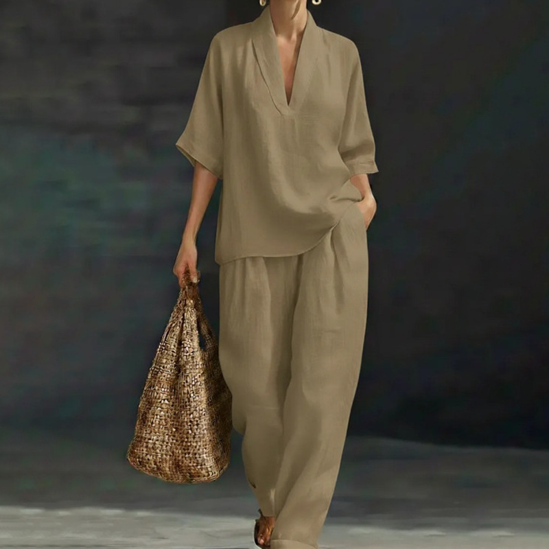 🎉 LIMITED TIME 50% OFF! 👚 Women's Casual V-Neck Top & Wide-Leg Trousers Set – Soft & Breathable for Summer, Work or Resort 🌸