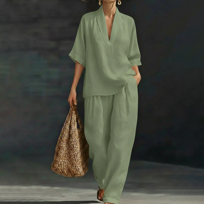 🎉 LIMITED TIME 50% OFF! 👚 Women's Casual V-Neck Top & Wide-Leg Trousers Set – Soft & Breathable for Summer, Work or Resort 🌸