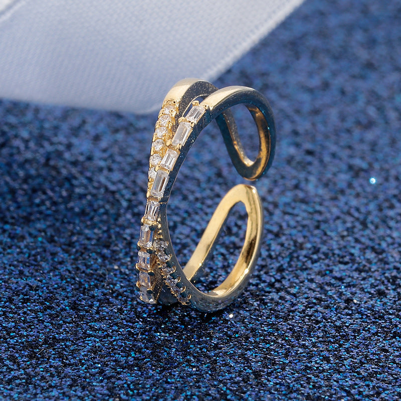 💍 50% OFF NOW!✨ Adjustable Double Layer Criss-Cross Ring – Mixed-Cut Stones & Gold Tone – Elegant Stacked Look Jewelry 🥂