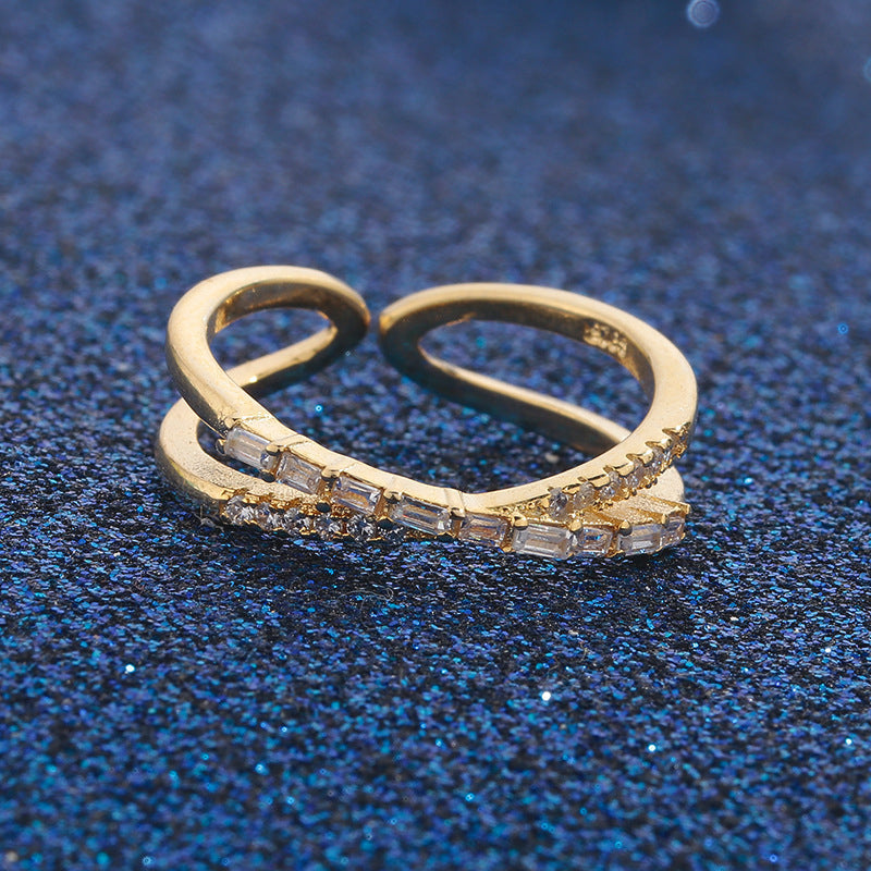 💍 50% OFF NOW!✨ Adjustable Double Layer Criss-Cross Ring – Mixed-Cut Stones & Gold Tone – Elegant Stacked Look Jewelry 🥂