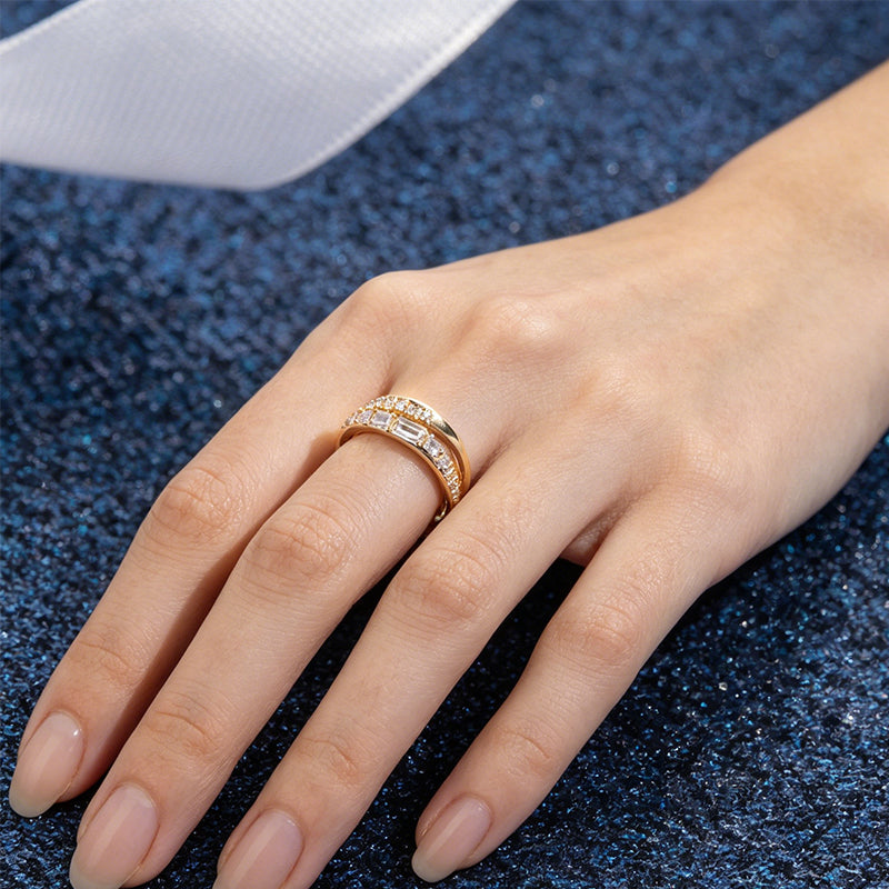 💍 50% OFF NOW!✨ Adjustable Double Layer Criss-Cross Ring – Mixed-Cut Stones & Gold Tone – Elegant Stacked Look Jewelry 🥂