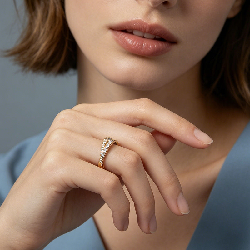 💍 50% OFF NOW!✨ Adjustable Double Layer Criss-Cross Ring – Mixed-Cut Stones & Gold Tone – Elegant Stacked Look Jewelry 🥂