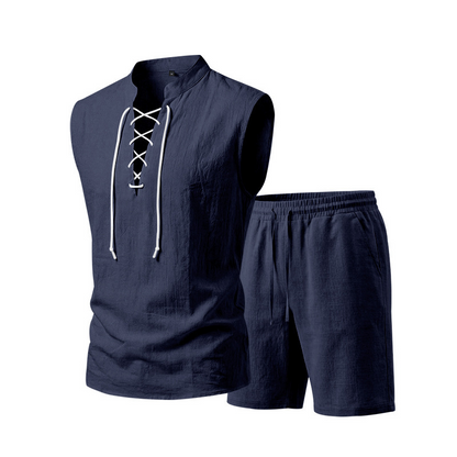 🌴 50% OFF NOW!👕 Men's Linen Sleeveless Set – Top & Shorts with Lace-Up Design – Summer Essential 🌊