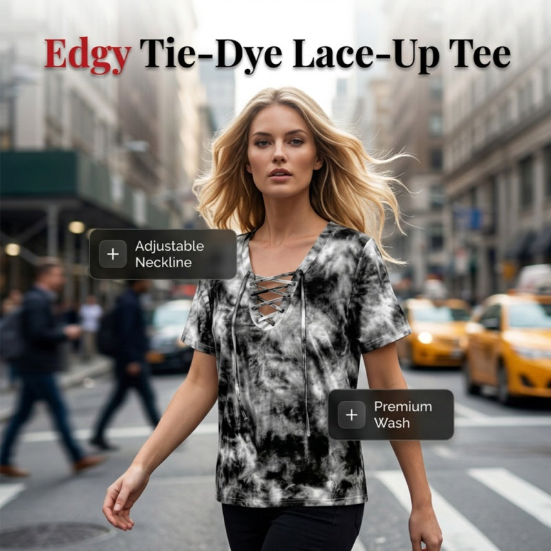 👕 LIMITED-TIME 50% OFF! ✨ Women's Tie-Dye T-Shirt – Lace-Up V-Neck, 4 Colors, S-5XL 🍀
