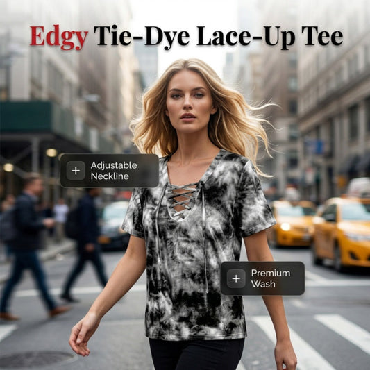 👕 LIMITED-TIME 50% OFF! ✨ Women's Tie-Dye T-Shirt – Lace-Up V-Neck, 4 Colors, S-5XL 🍀