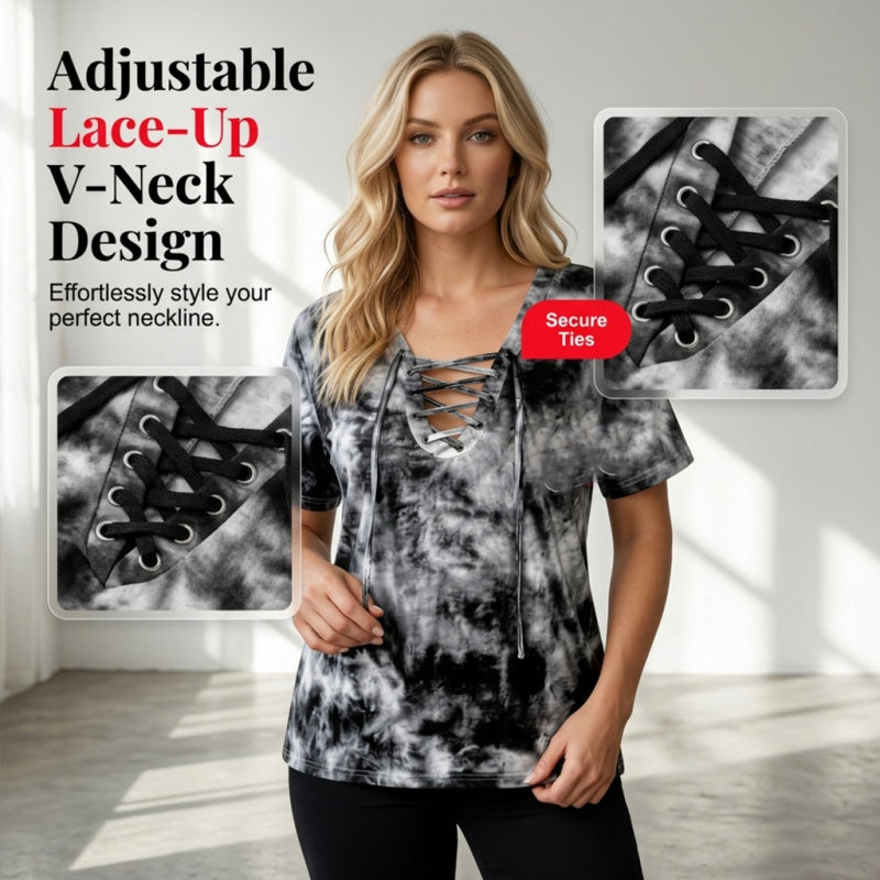 👕 LIMITED-TIME 50% OFF! ✨ Women's Tie-Dye T-Shirt – Lace-Up V-Neck, 4 Colors, S-5XL 🍀