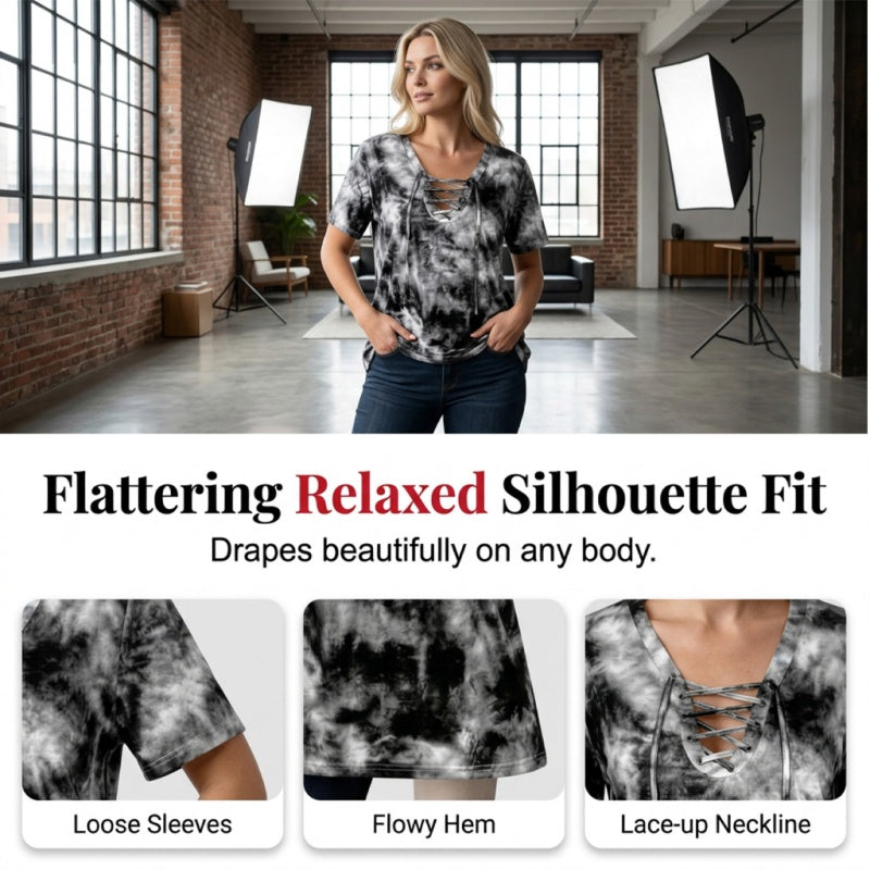 👕 LIMITED-TIME 50% OFF! ✨ Women's Tie-Dye T-Shirt – Lace-Up V-Neck, 4 Colors, S-5XL 🍀