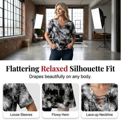 👕 LIMITED-TIME 50% OFF! ✨ Women's Tie-Dye T-Shirt – Lace-Up V-Neck, 4 Colors, S-5XL 🍀