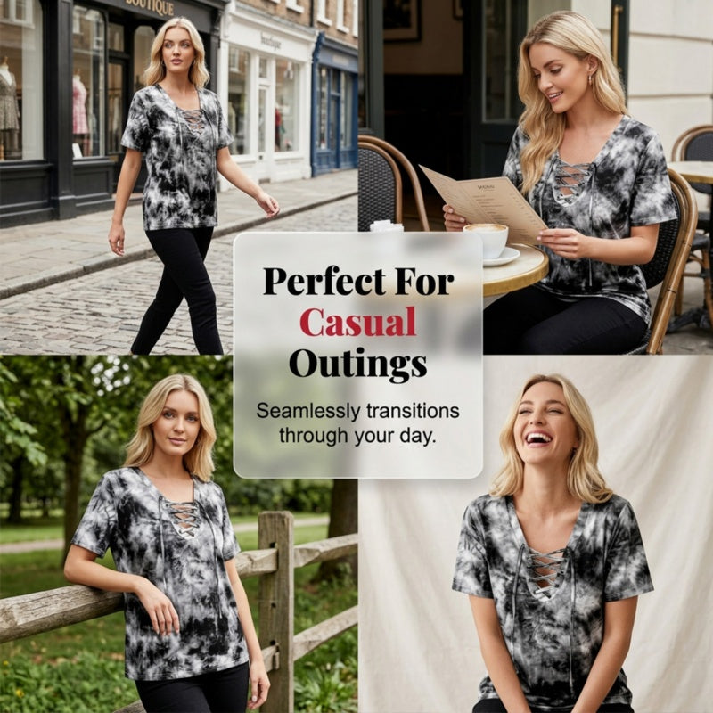 👕 LIMITED-TIME 50% OFF! ✨ Women's Tie-Dye T-Shirt – Lace-Up V-Neck, 4 Colors, S-5XL 🍀