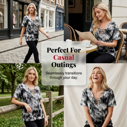 👕 LIMITED-TIME 50% OFF! ✨ Women's Tie-Dye T-Shirt – Lace-Up V-Neck, 4 Colors, S-5XL 🍀