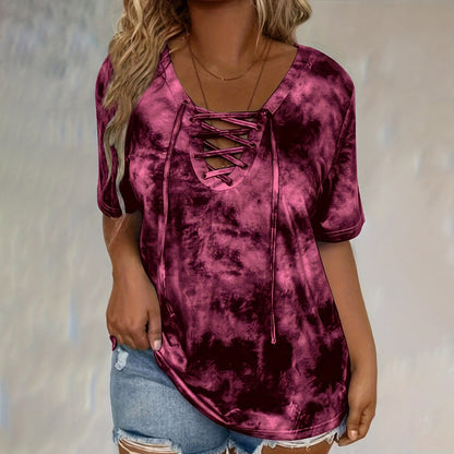 👕 LIMITED-TIME 50% OFF! ✨ Women's Tie-Dye T-Shirt – Lace-Up V-Neck, 4 Colors, S-5XL 🍀