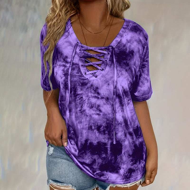 👕 LIMITED-TIME 50% OFF! ✨ Women's Tie-Dye T-Shirt – Lace-Up V-Neck, 4 Colors, S-5XL 🍀