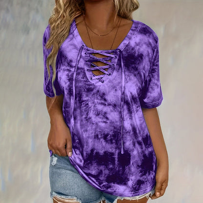 👕 LIMITED-TIME 50% OFF! ✨ Women's Tie-Dye T-Shirt – Lace-Up V-Neck, 4 Colors, S-5XL 🍀
