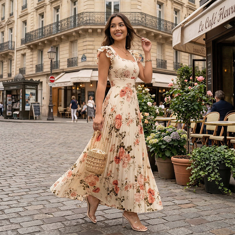📢📢40% OFF !! ⏰Elegant Floral Print Pleated Maxi Dress