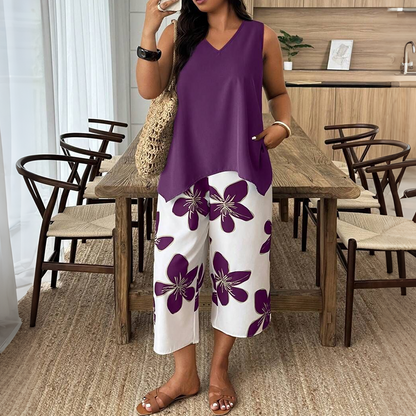 🌸 LIMITED-TIME 50% OFF! ✨ Women's Asymmetrical Top & Floral Print Capri Pants Set – Versatile, Vibrant, Comfortable 🌺