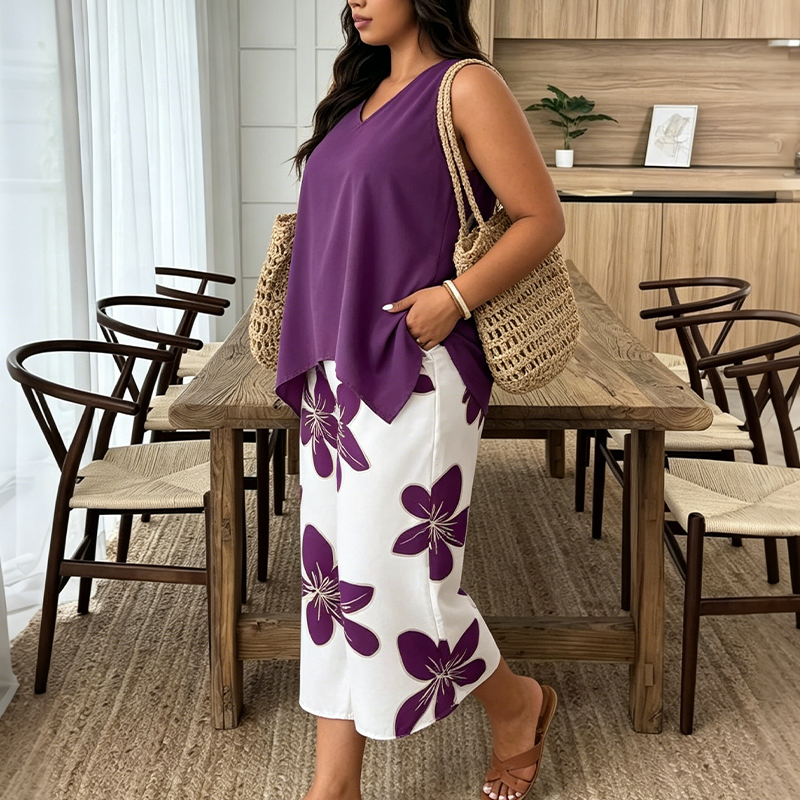 🌸 LIMITED-TIME 50% OFF! ✨ Women's Asymmetrical Top & Floral Print Capri Pants Set – Versatile, Vibrant, Comfortable 🌺