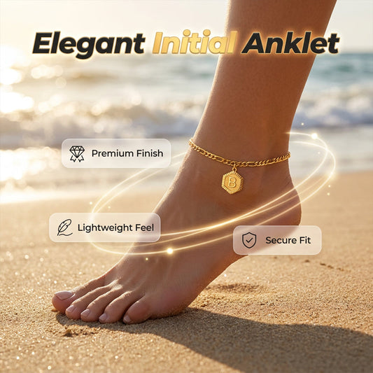 📢📢40% OFF⏰ Gold Initial Anklet with Figaro Chain – Personalized letter, tarnish-resistant & adjustable length – perfect for summer feet or gift giving 👣