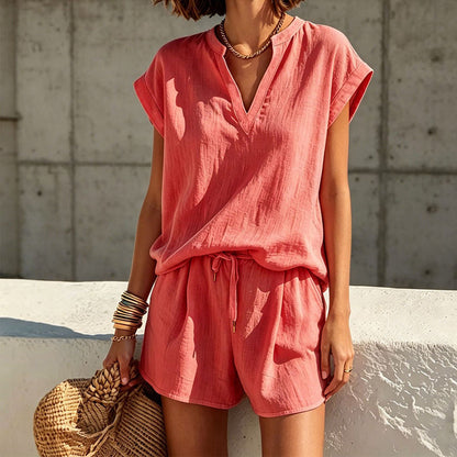 👗 LIMITED-TIME 50% OFF! ✨ Women's V-Neck Top & Shorts Set – Breathable, Drawstring, Vacation Ready ☀️