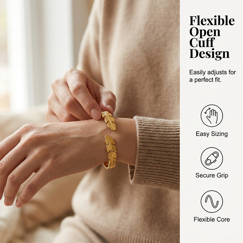 ✨ 50% OFF NOW! 🍃 18K Gold Plated Leaf Open Cuff Bracelet – Adjustable stainless steel – Nature-inspired design, perfect for daily elegance or gifting 💛