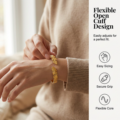✨ 50% OFF NOW! 🍃 18K Gold Plated Leaf Open Cuff Bracelet – Adjustable stainless steel – Nature-inspired design, perfect for daily elegance or gifting 💛