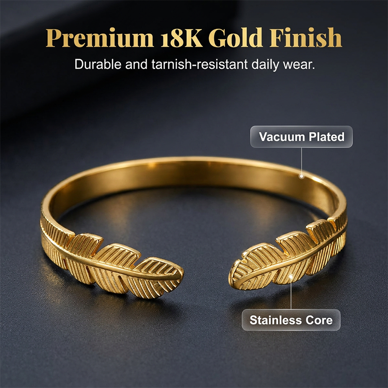 ✨ 50% OFF NOW! 🍃 18K Gold Plated Leaf Open Cuff Bracelet – Adjustable stainless steel – Nature-inspired design, perfect for daily elegance or gifting 💛