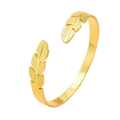 ✨ 50% OFF NOW! 🍃 18K Gold Plated Leaf Open Cuff Bracelet – Adjustable stainless steel – Nature-inspired design, perfect for daily elegance or gifting 💛