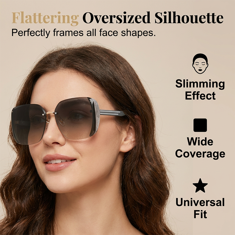 🕶️ LIMITED-TIME 50% OFF! 💥 Rimless Oversized Square Sunglasses – Gradient Lens, Glitter Details, UV Protection ✨