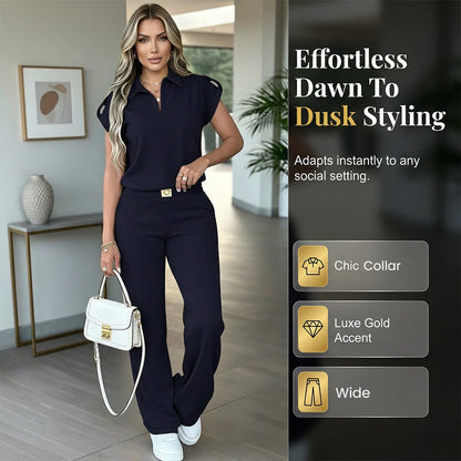 👗 LIMITED-TIME 50% OFF! 💥 Women's Casual Top & Pants 2-Piece Set – Chic, Wide-Leg, Gold Accents ✨