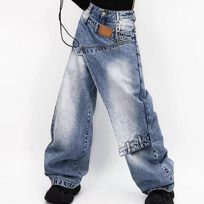 Women's Asymmetrical Waist Wide-Leg Denim Jeans