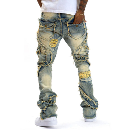 👖 LIMITED-TIME 50% OFF! 💥 Men's Deconstructed Frayed Flare Jeans – Heavy Distressing, Vintage Wash, Patchwork Details ✨