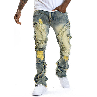👖 LIMITED-TIME 50% OFF! 💥 Men's Deconstructed Frayed Flare Jeans – Heavy Distressing, Vintage Wash, Patchwork Details ✨