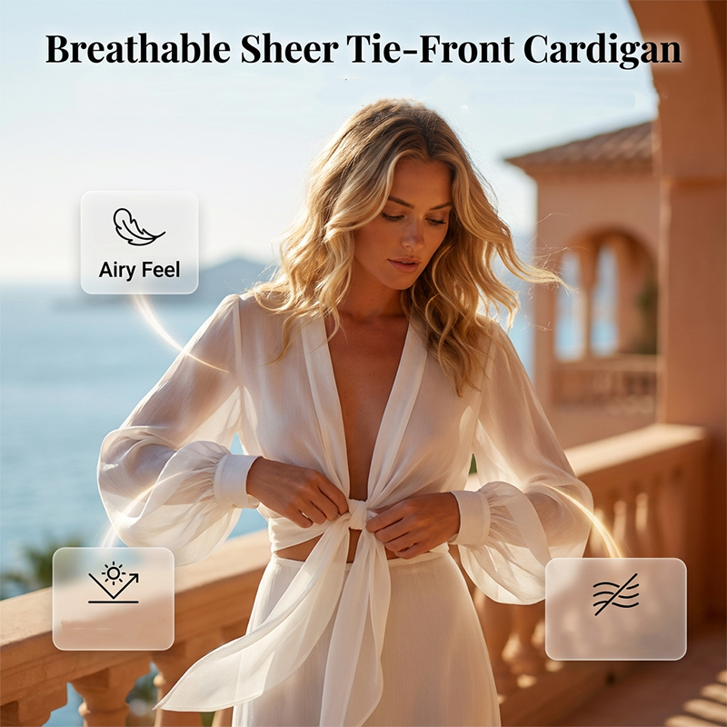 🧥 LIMITED-TIME 50% OFF! 💥 Women's Lightweight Chiffon Tie-Front Cardigan – Balloon Sleeves, Sheer, Layering ✨