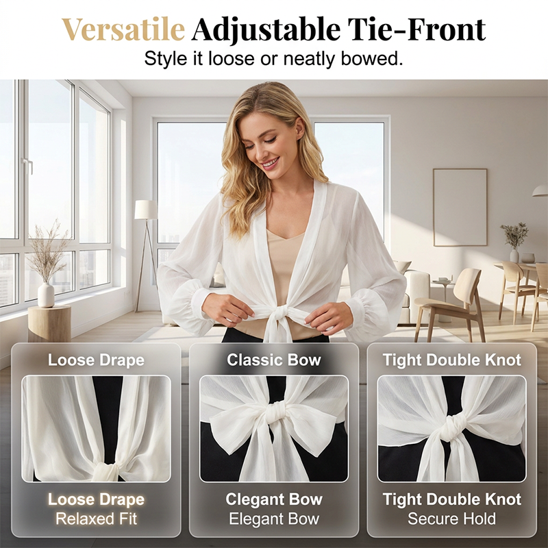 🧥 LIMITED-TIME 50% OFF! 💥 Women's Lightweight Chiffon Tie-Front Cardigan – Balloon Sleeves, Sheer, Layering ✨