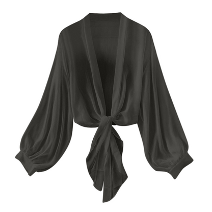 🧥 LIMITED-TIME 50% OFF! 💥 Women's Lightweight Chiffon Tie-Front Cardigan – Balloon Sleeves, Sheer, Layering ✨