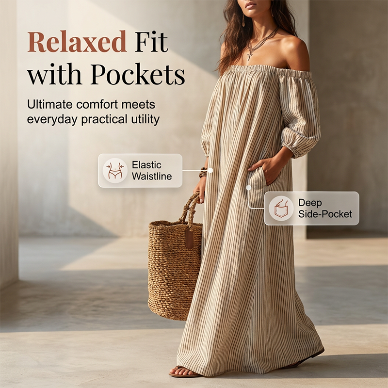 👗 LIMITED-TIME 50% OFF! ✨ Women's Off-Shoulder Maxi Dress – Lantern Sleeves, Relaxed Fit, Side Pockets 🌸