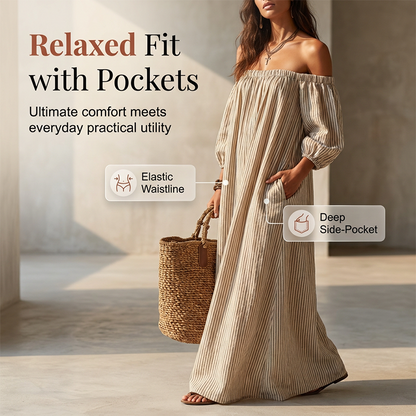 👗 LIMITED-TIME 50% OFF! ✨ Women's Off-Shoulder Maxi Dress – Lantern Sleeves, Relaxed Fit, Side Pockets 🌸