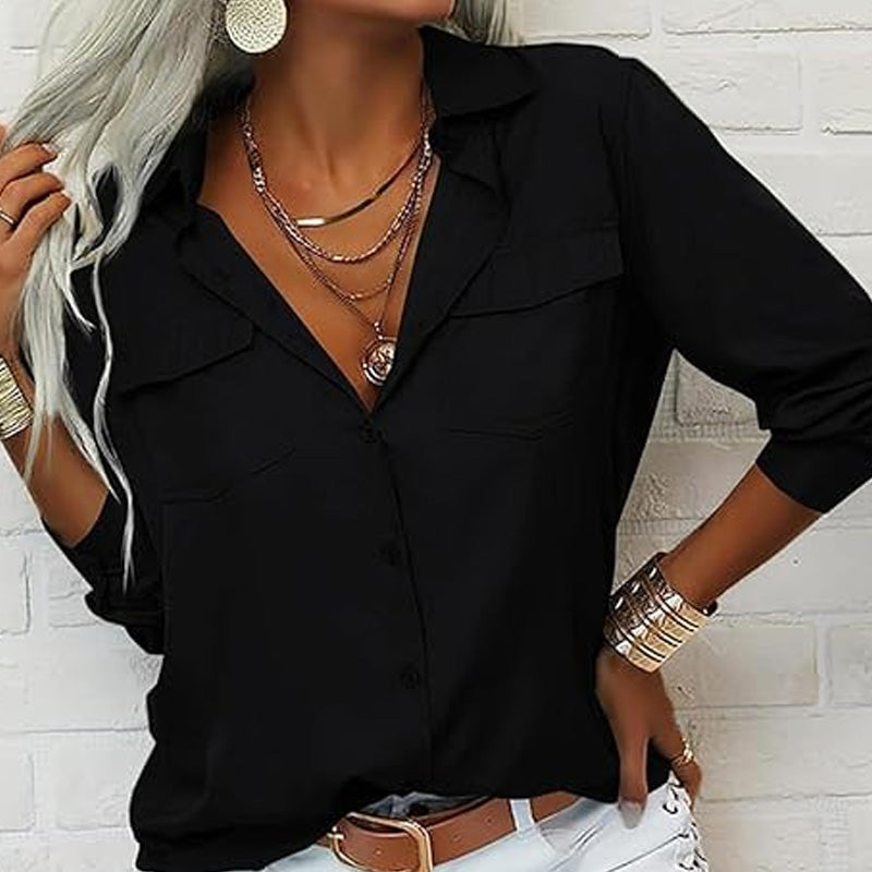 👔 PROMO LIMITÉE -50% ! ✨ Chemise Femme Unie à Revers – Col Classique, Poches Poitrine, Coupe Ample, 6 Coloris, Tailles S-2XL 🌿