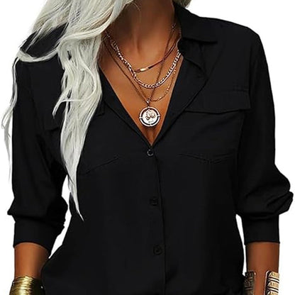 👔 PROMO LIMITÉE -50% ! ✨ Chemise Femme Unie à Revers – Col Classique, Poches Poitrine, Coupe Ample, 6 Coloris, Tailles S-2XL 🌿