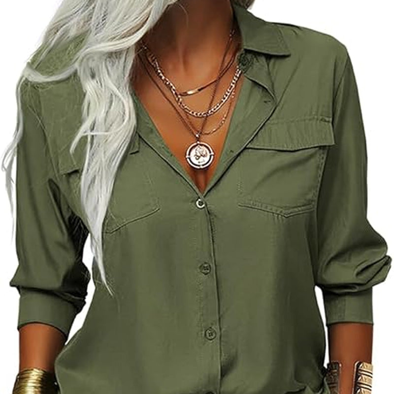 👔 PROMO LIMITÉE -50% ! ✨ Chemise Femme Unie à Revers – Col Classique, Poches Poitrine, Coupe Ample, 6 Coloris, Tailles S-2XL 🌿