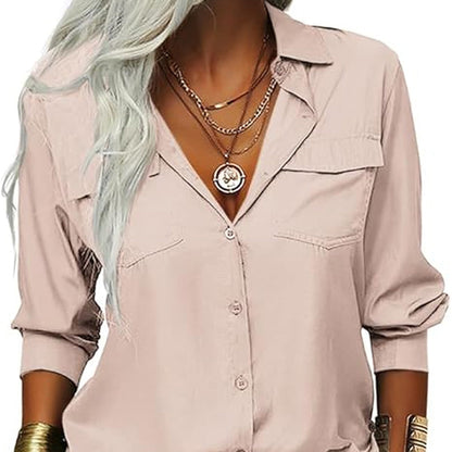 👔 PROMO LIMITÉE -50% ! ✨ Chemise Femme Unie à Revers – Col Classique, Poches Poitrine, Coupe Ample, 6 Coloris, Tailles S-2XL 🌿